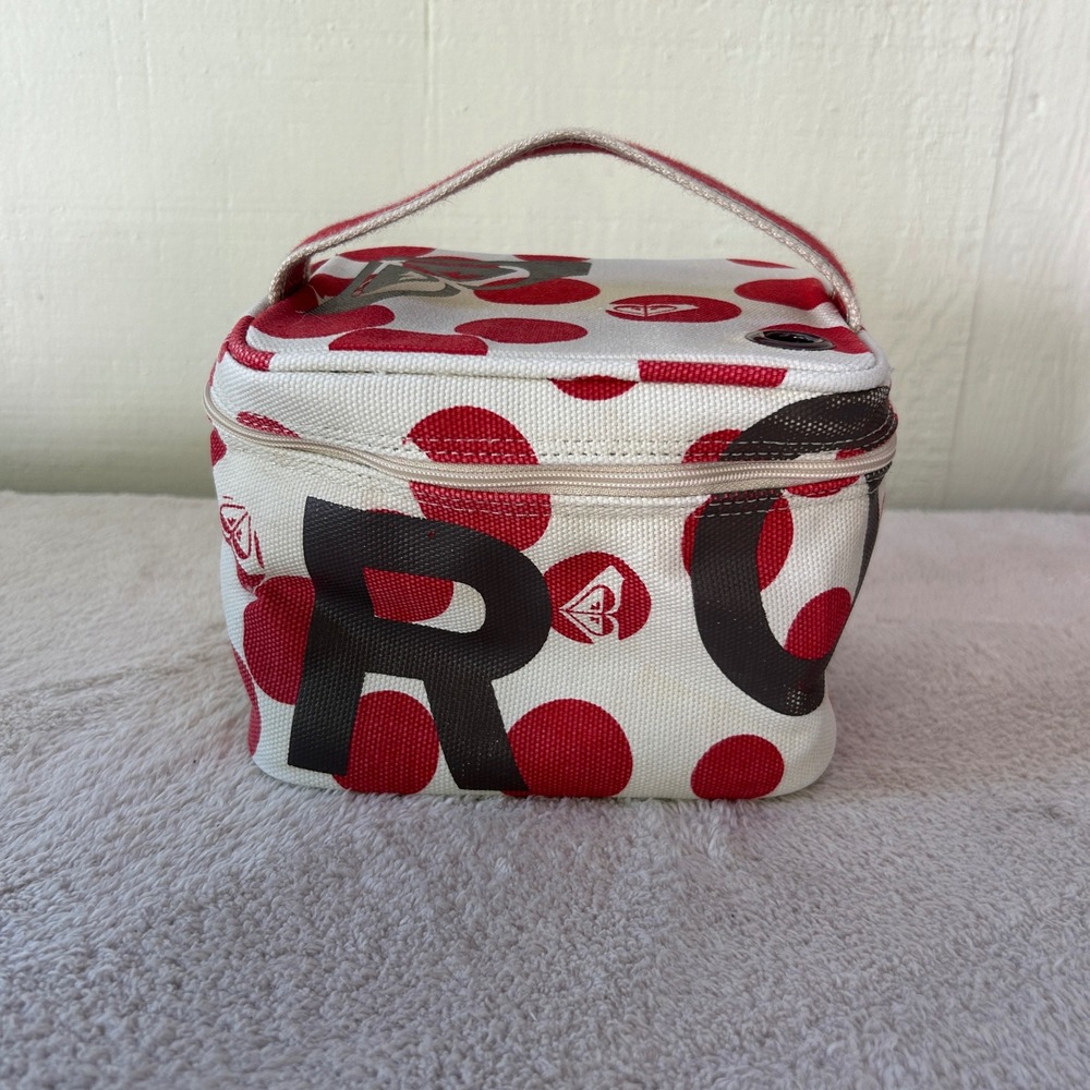 Vintage Roxy Red Polka Dot Makeup Bag Y2K Canvas Travel Case Graphic